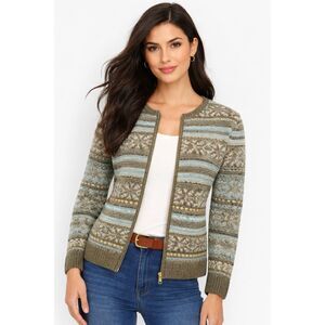 Talbots Petite Full Zip Sweater Multi Color Wool Blend Fair Isle Womans Sz SP‎
